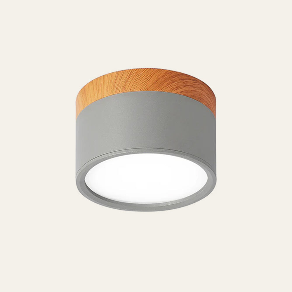Modern Cylindrical LED Ceiling Light with Wood Accent - Dimmable Flush Mount Fixture
