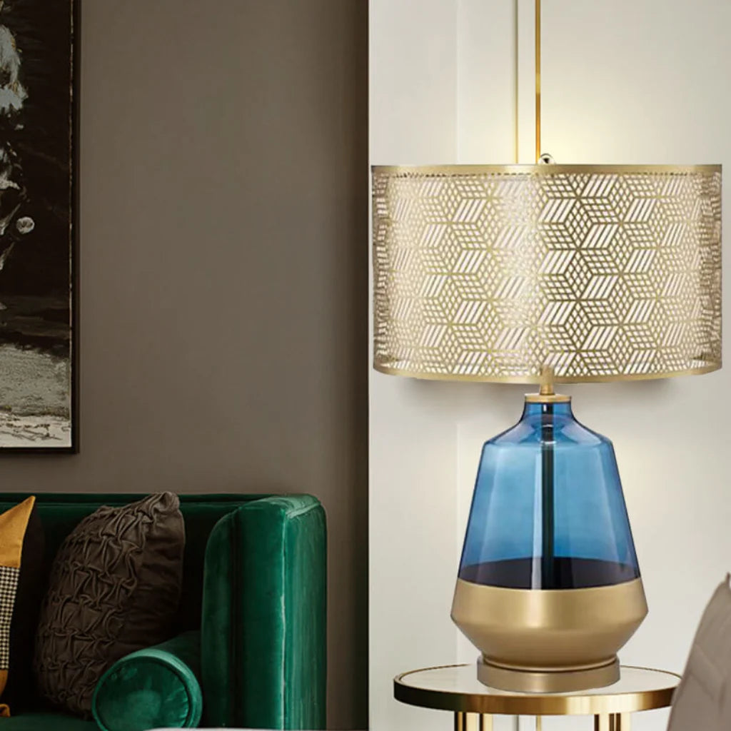 Blue Glass Table Lamp – bottle-shaped glass base detail