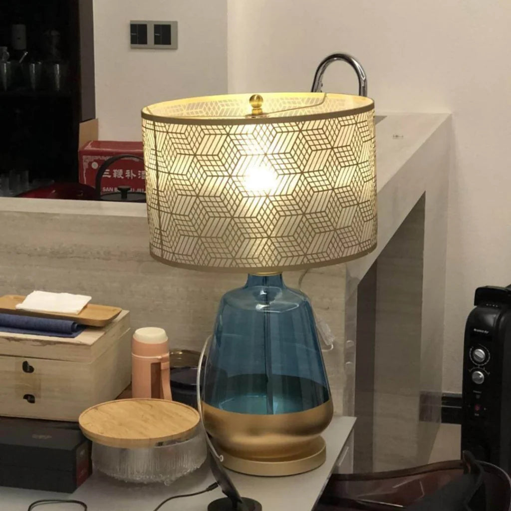 Blue Glass Table Lamp – shade and gold accent detail