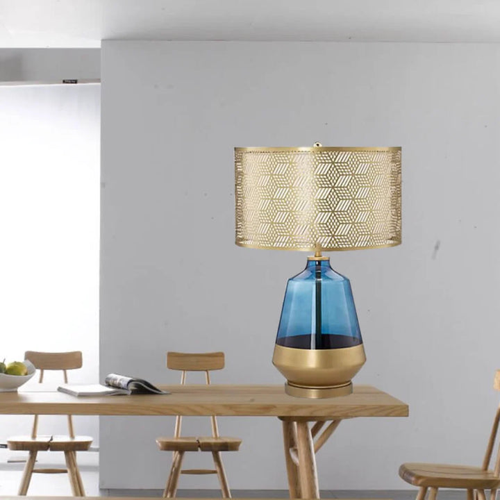 Blue Glass Table Lamp – fabric shade detail