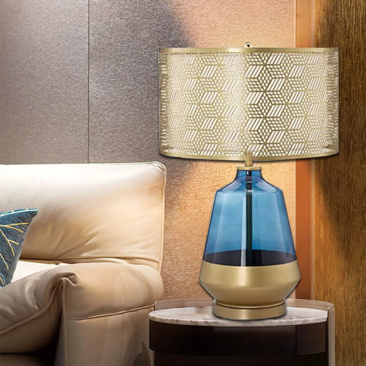 Blue Glass Table Lamp illuminated, warm ambient glow