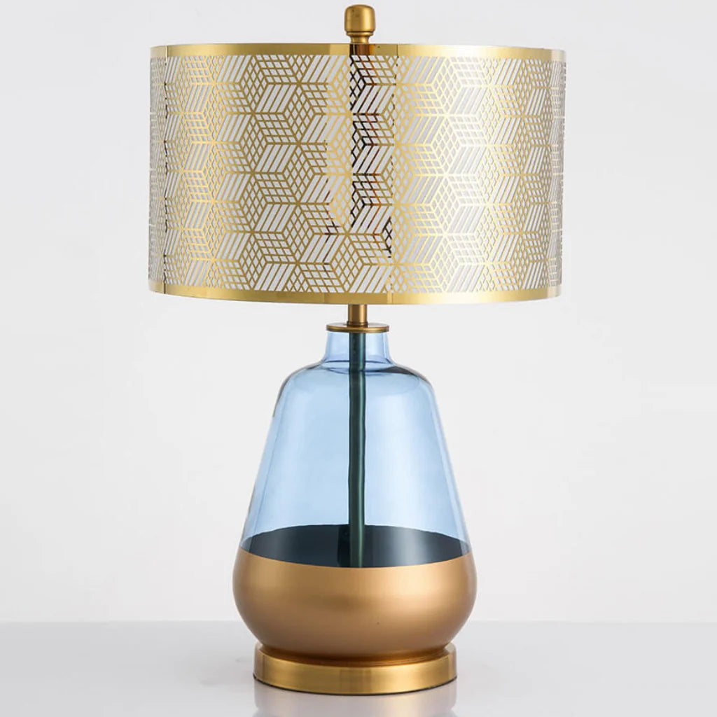 Blue Glass Table Lamp with fabric shade – front view