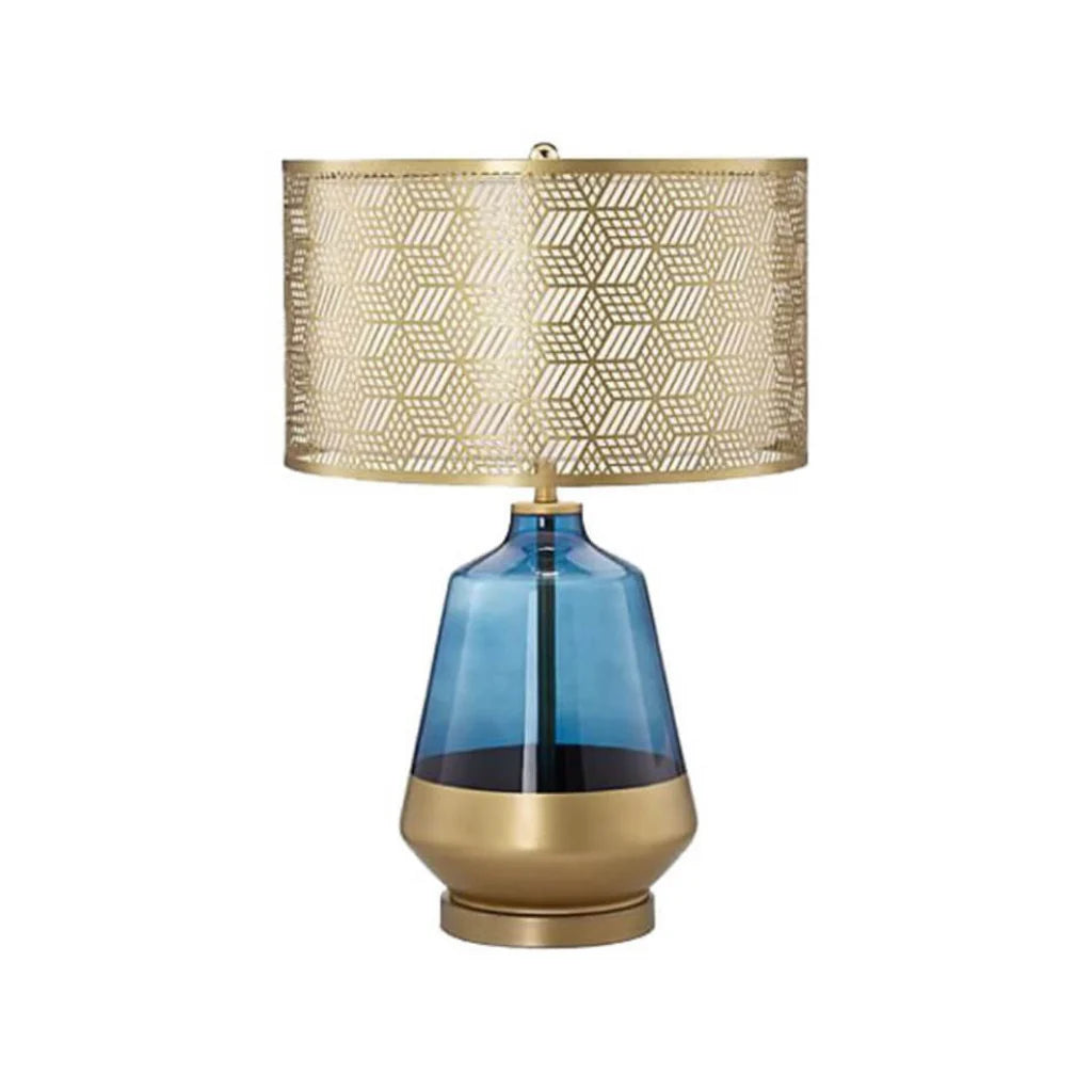 Blue Glass Table Lamp with fabric shade – angled view