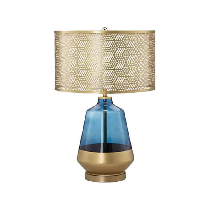 Blue Glass Table Lamp with fabric shade – angled view