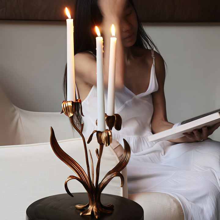 Cast Bronze Iris Candlestick front view