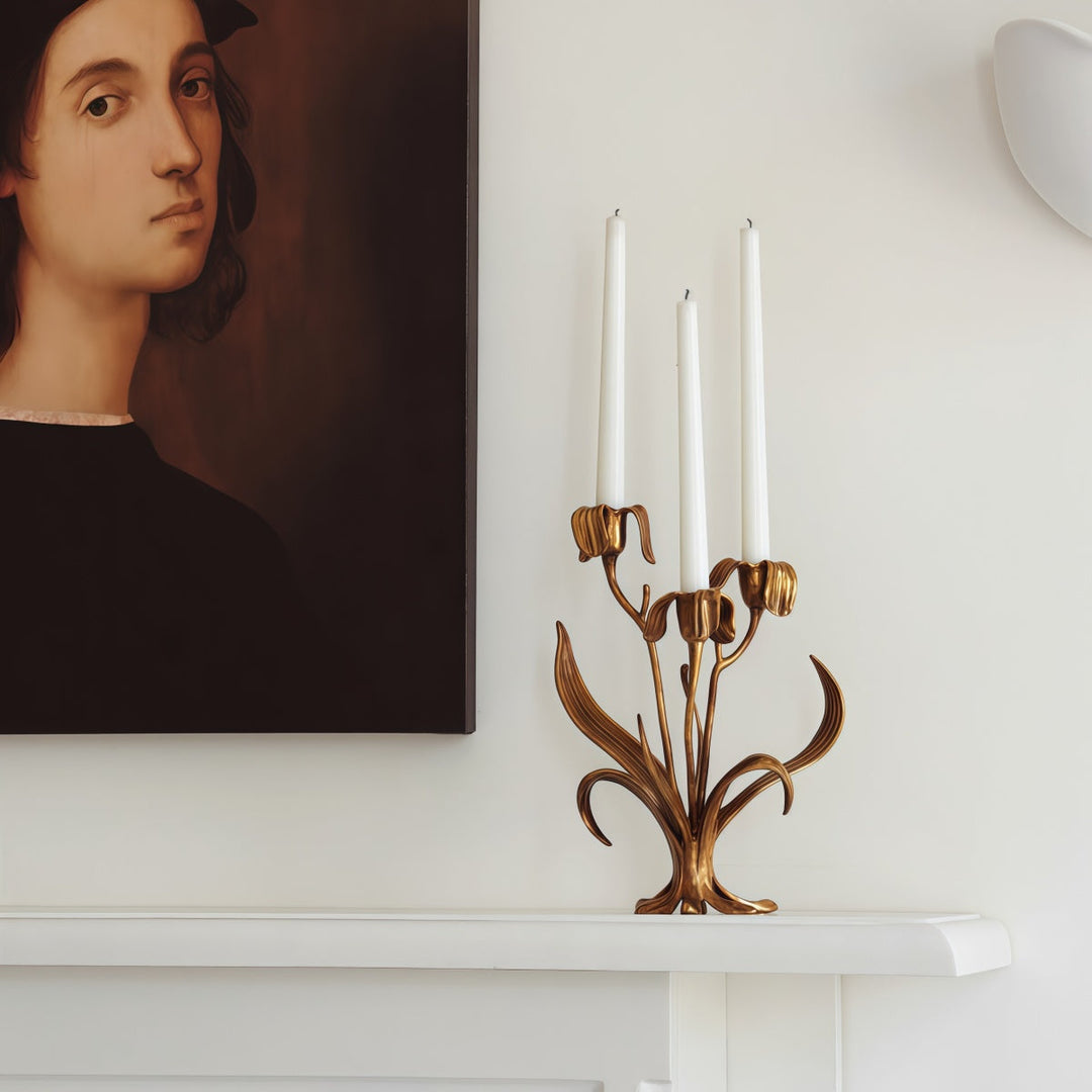 Cast Bronze Iris Candlestick handcrafted surface detail