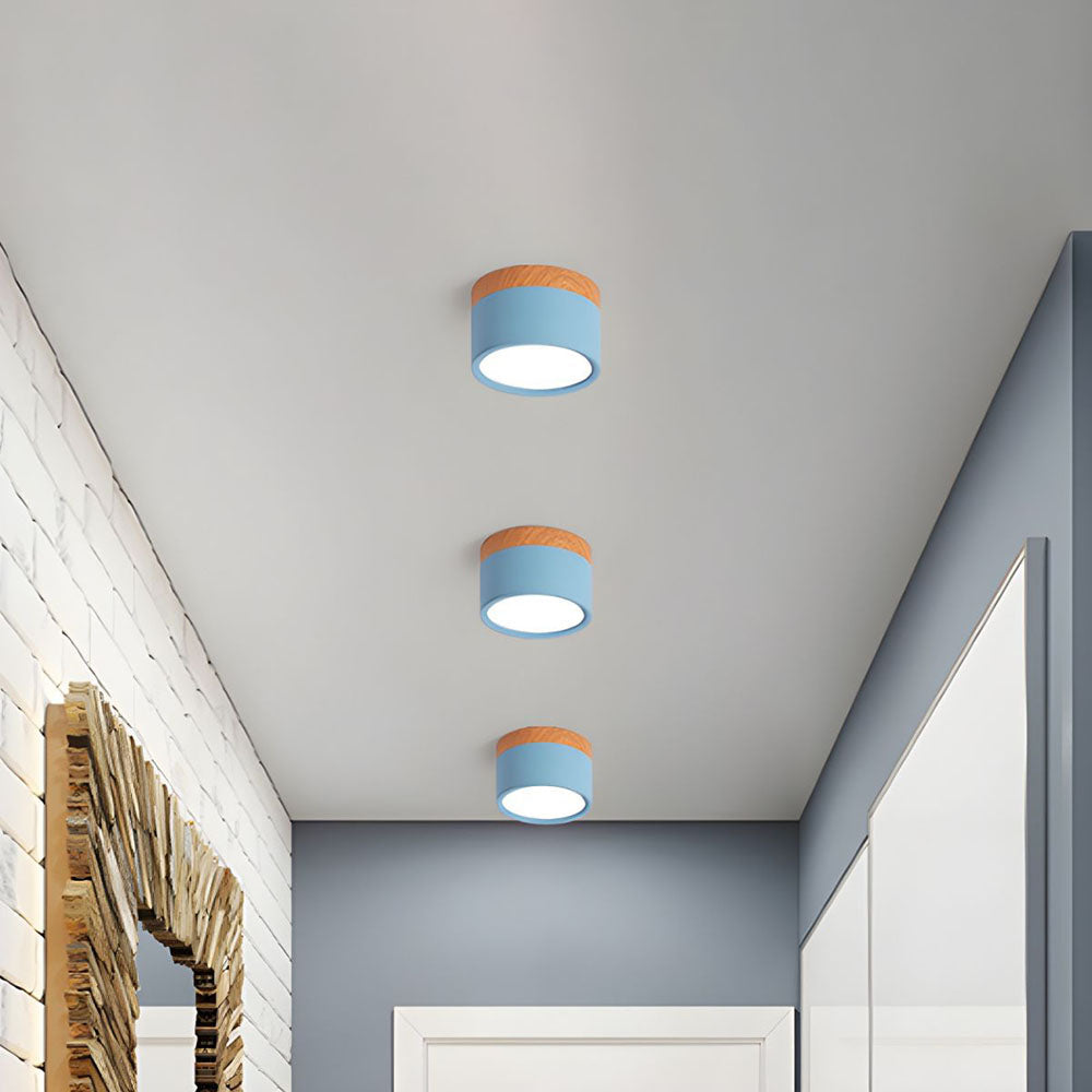 Modern Cylindrical LED Ceiling Light with Wood Accent - Dimmable Flush Mount Fixture