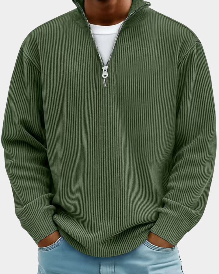 Army Green Ribbed Half-Zip Knit Sweater front detail