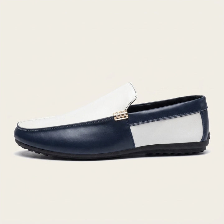 Two-tone vegan leather loafers pair angled view