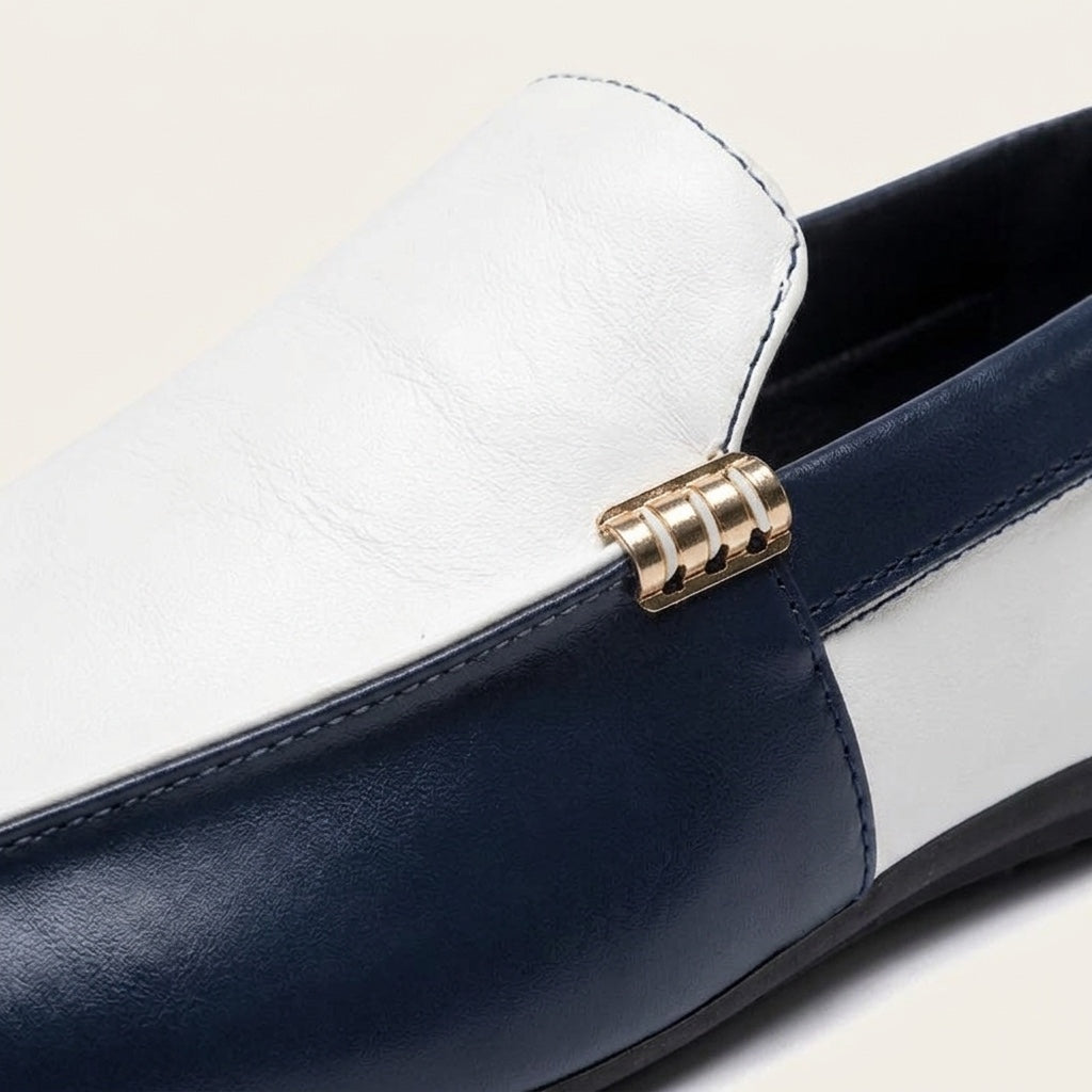 Two-tone vegan leather loafers close-up texture
