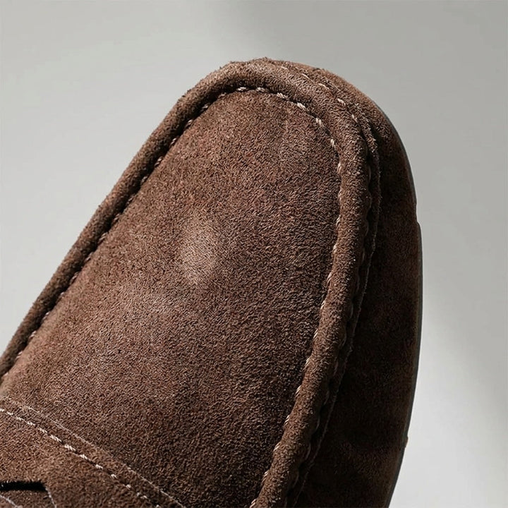 Lavagna Suede Loafers — Brown, hand-stitched seam close-up
