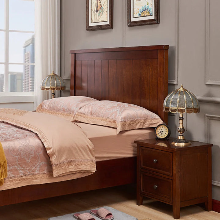 Gold Copper Frosted Glass Table Lamp, illuminated