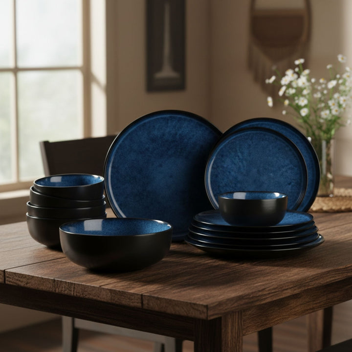 Dark Blue Ceramic Dinnerware Set on dining table lifestyle