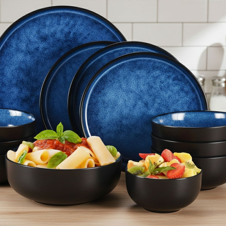 Dark Blue Ceramic Dinnerware Set with food served