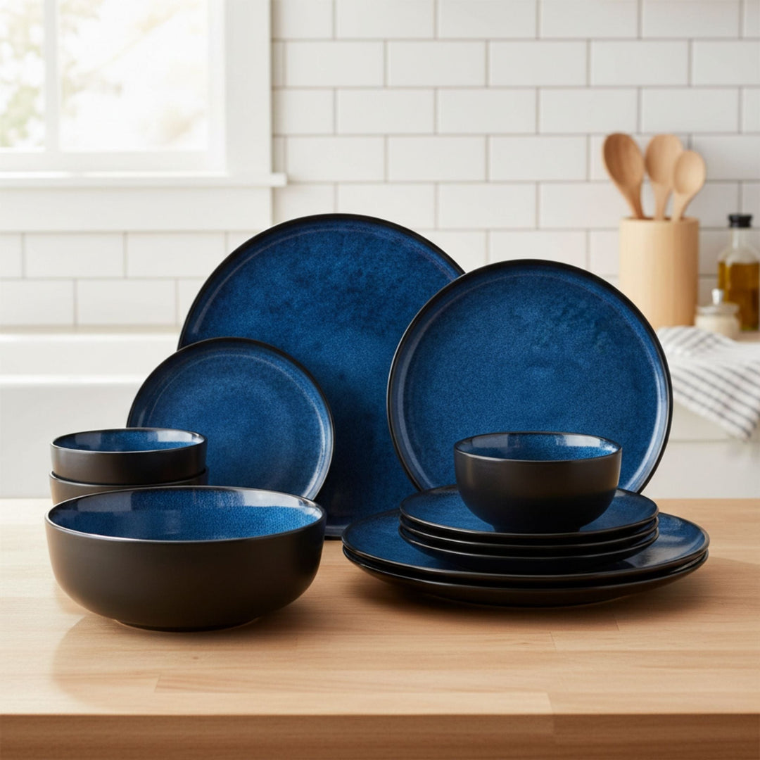 Dark Blue Ceramic Dinnerware Set stacked on kitchen counter