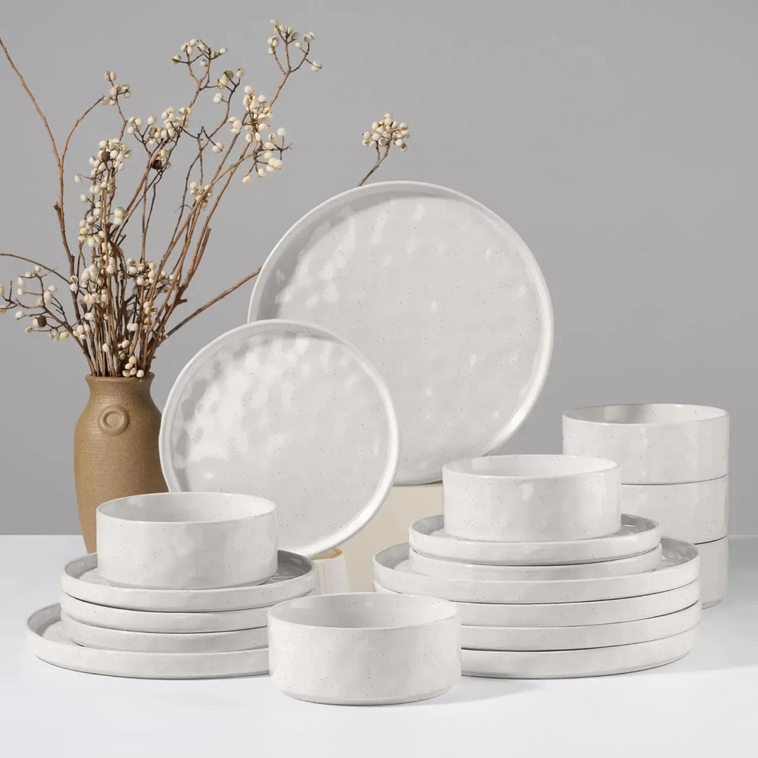 Speckled White Ripple Stoneware Dinnerware Set full set view
