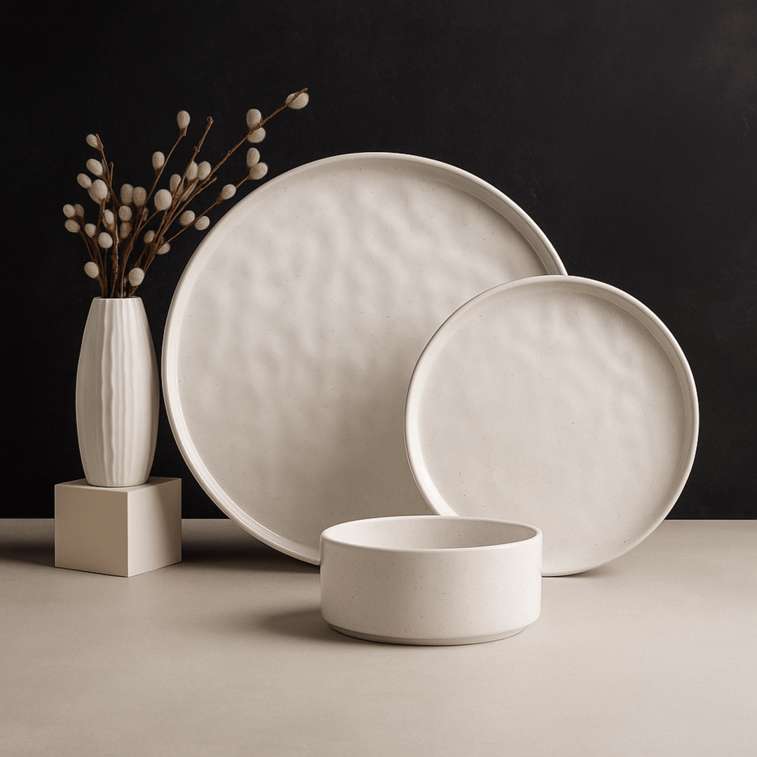 Speckled White Ripple Stoneware Dinnerware Set plates and bowl