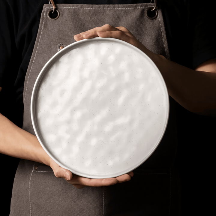 Speckled White Ripple Stoneware dinner plate held in hands