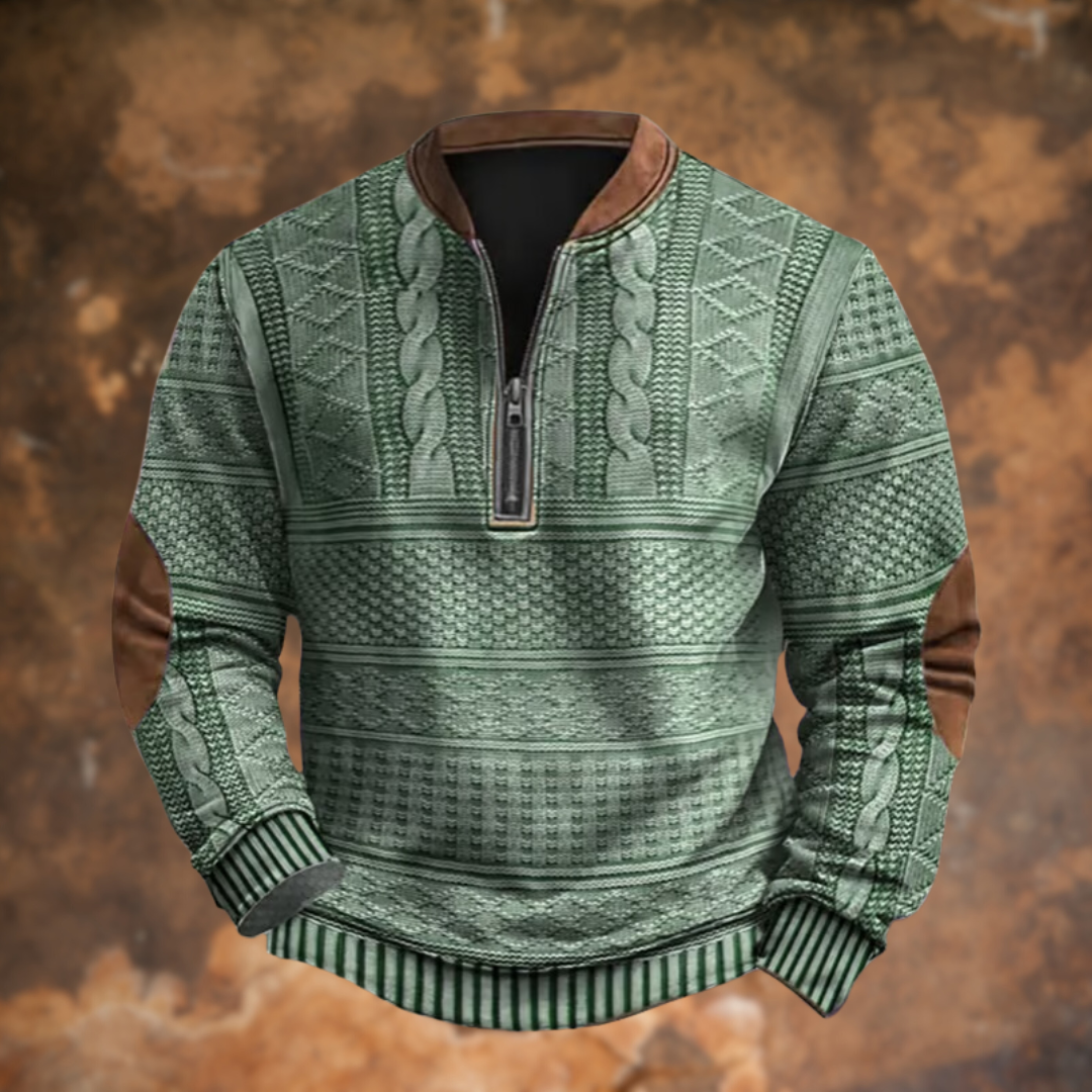 Cable-Knit Quarter-Zip Sweater with Suede Elbow Patches
