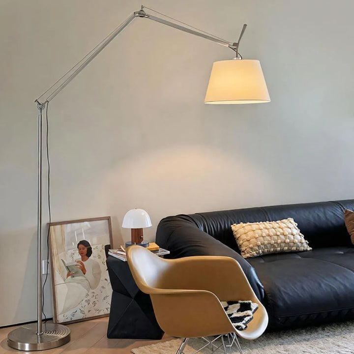 Industrial Swing Arm Floor Lamp with fabric shade lifestyle