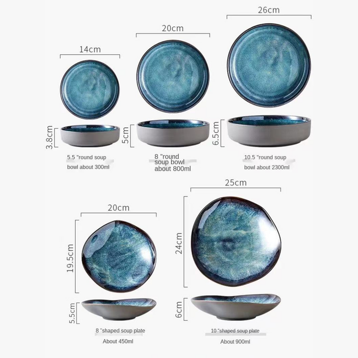 Turquoise Kiln-Glazed Porcelain Dinnerware Set piece dimensions