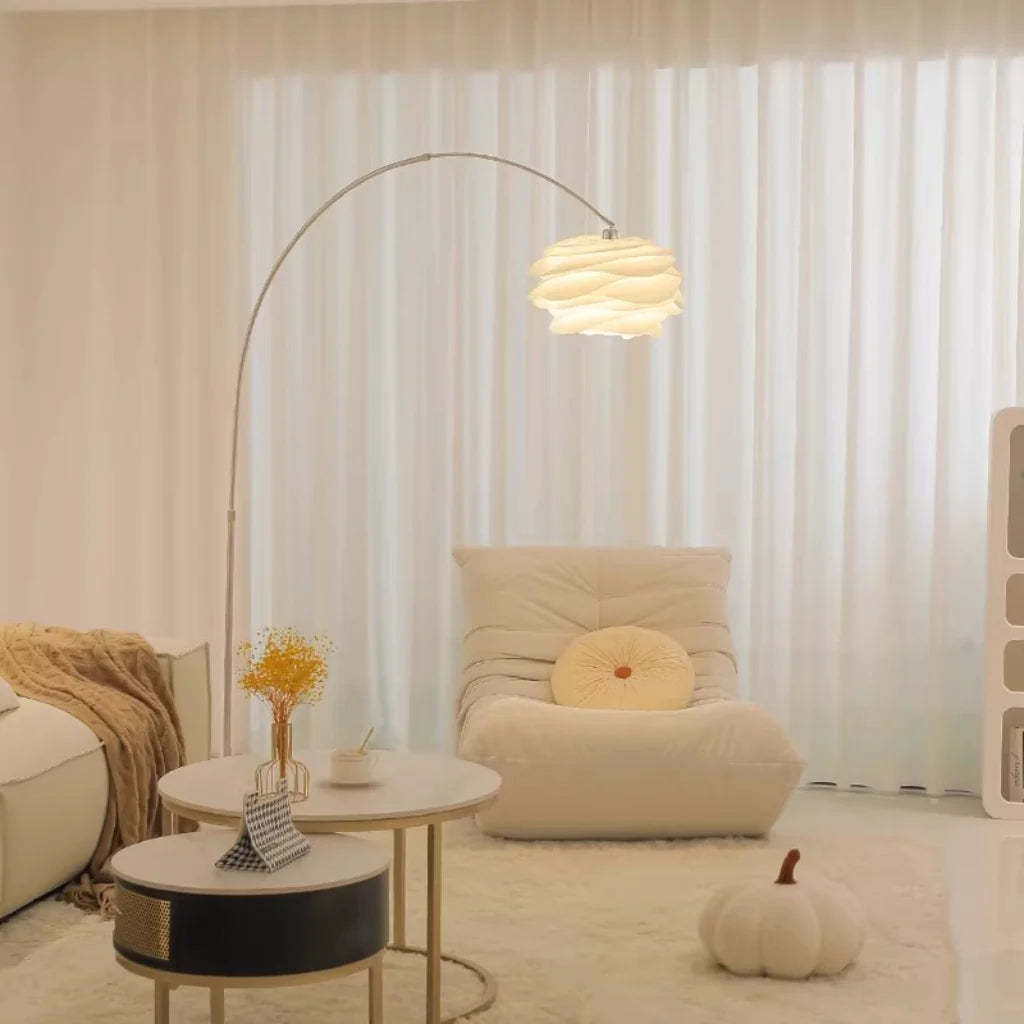 White Tri-Color Acrylic Arc Lamp, curved arm and acrylic shade