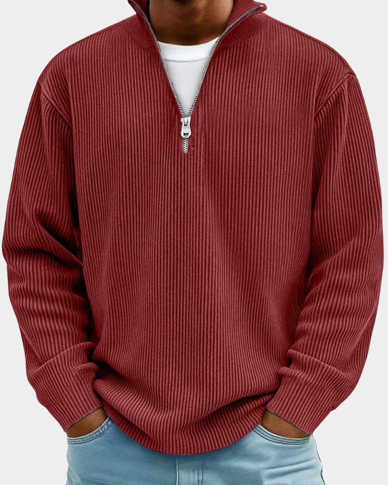 Red Ribbed Half-Zip Knit Sweater front detail