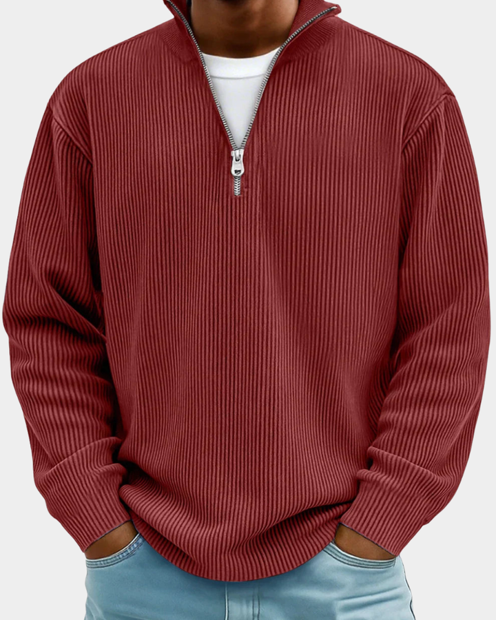 Red Ribbed Half-Zip Knit Sweater front detail