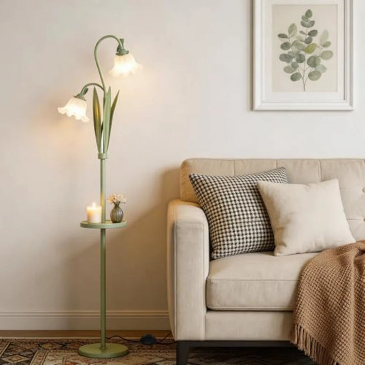 Sage Green Floral Floor Lamp lit lifestyle by sofa