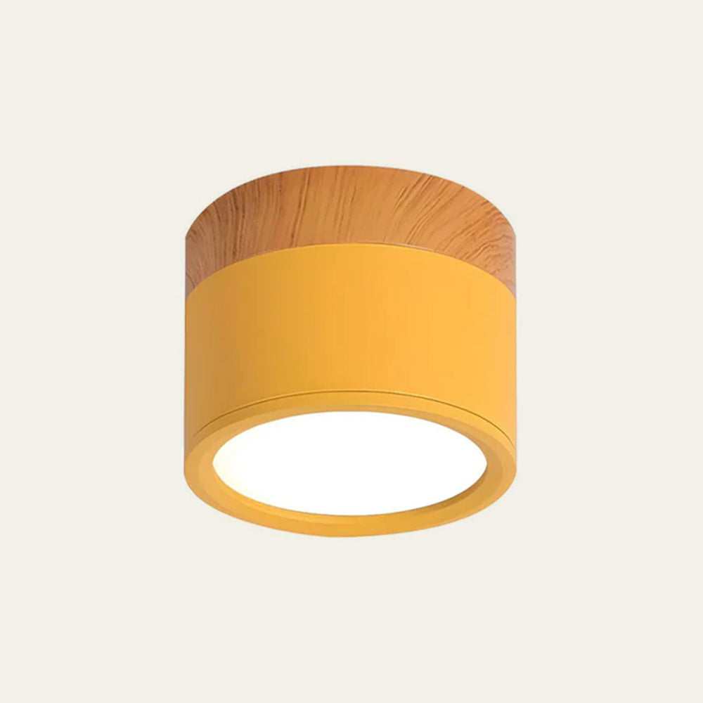 Modern Cylindrical LED Ceiling Light with Wood Accent - Dimmable Flush Mount Fixture