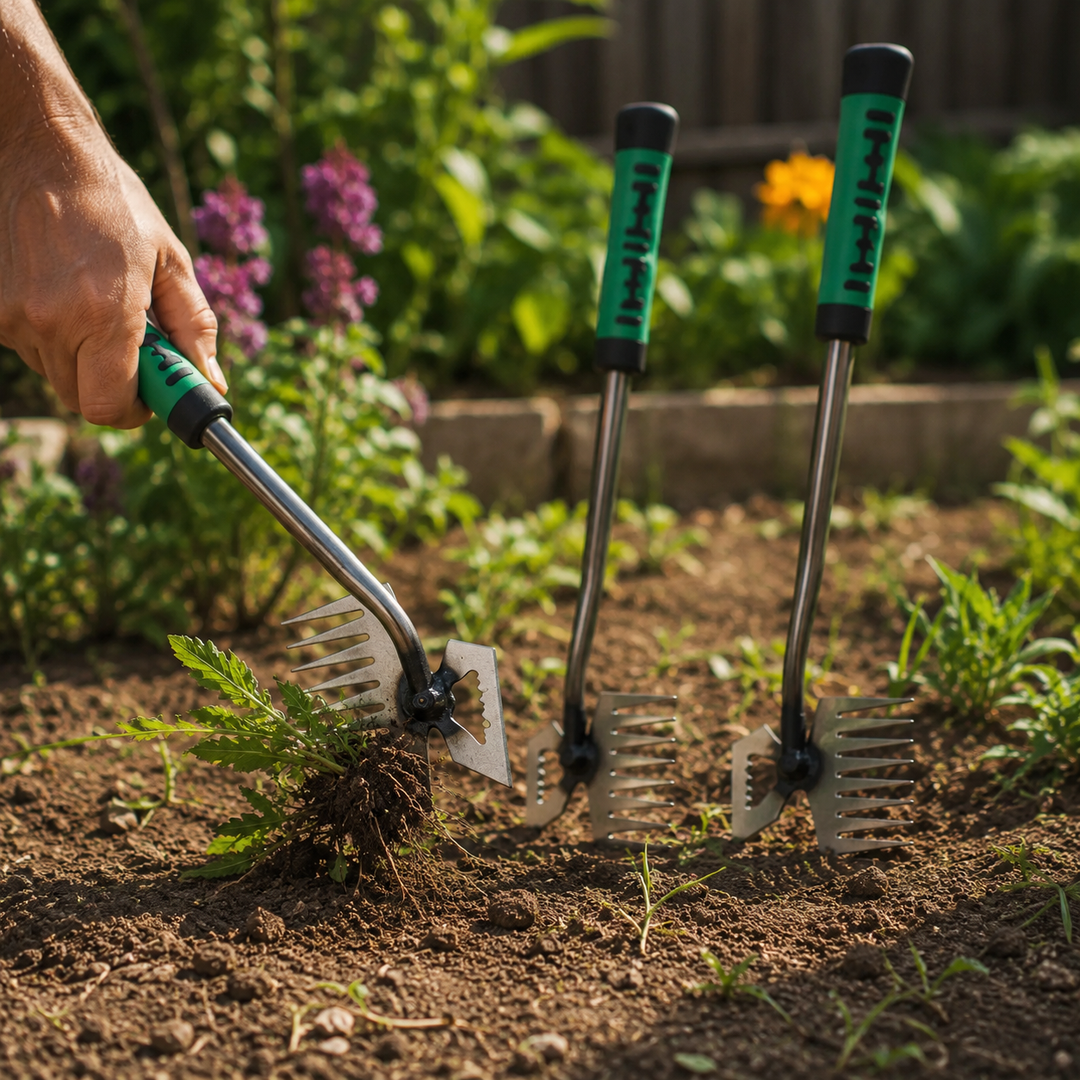 Foot-Pedal Weed Puller Tool in use in garden bed