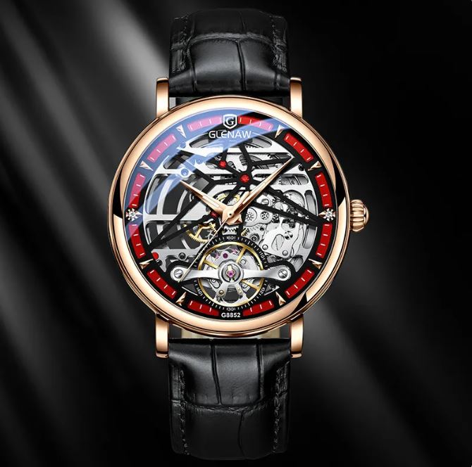 Rose Red Stainless Steel Skeleton Watch front view