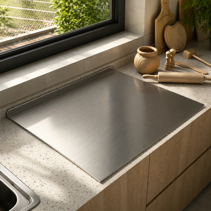 Double-Sided Steel Cutting Board on kitchen countertop
