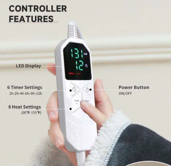 Heated blanket controller features: 8 heat settings 95-131°F and 6 timer settings 1-12h