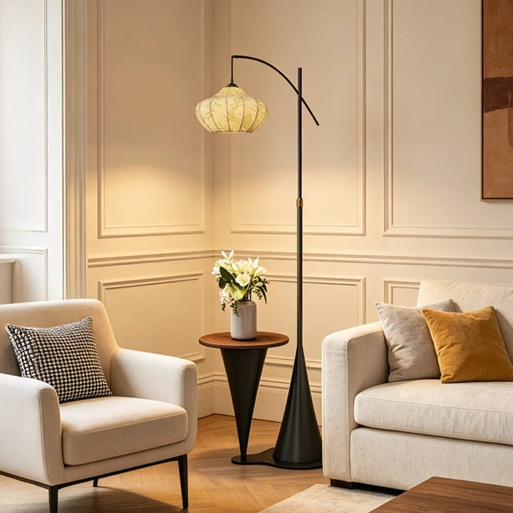 Close-up of the fabric lampshade and wood frame detail
