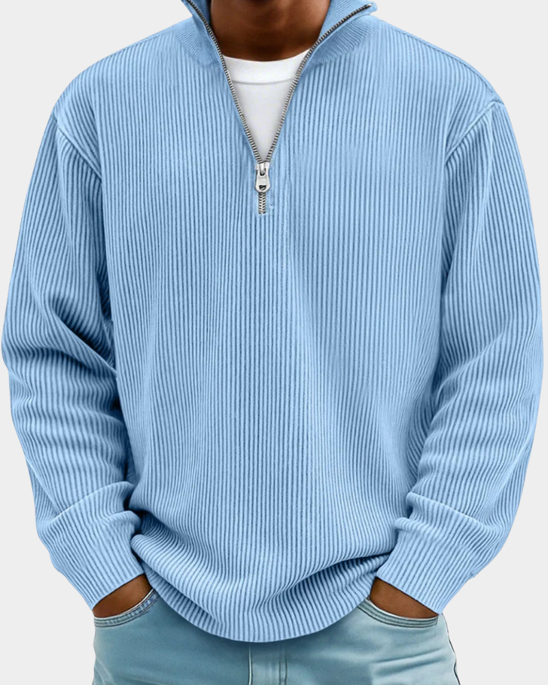Blue Ribbed Half-Zip Knit Sweater front detail