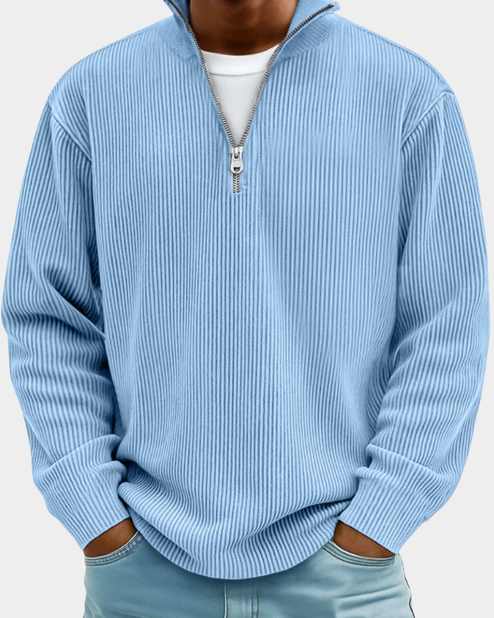 Blue Ribbed Half-Zip Knit Sweater front detail