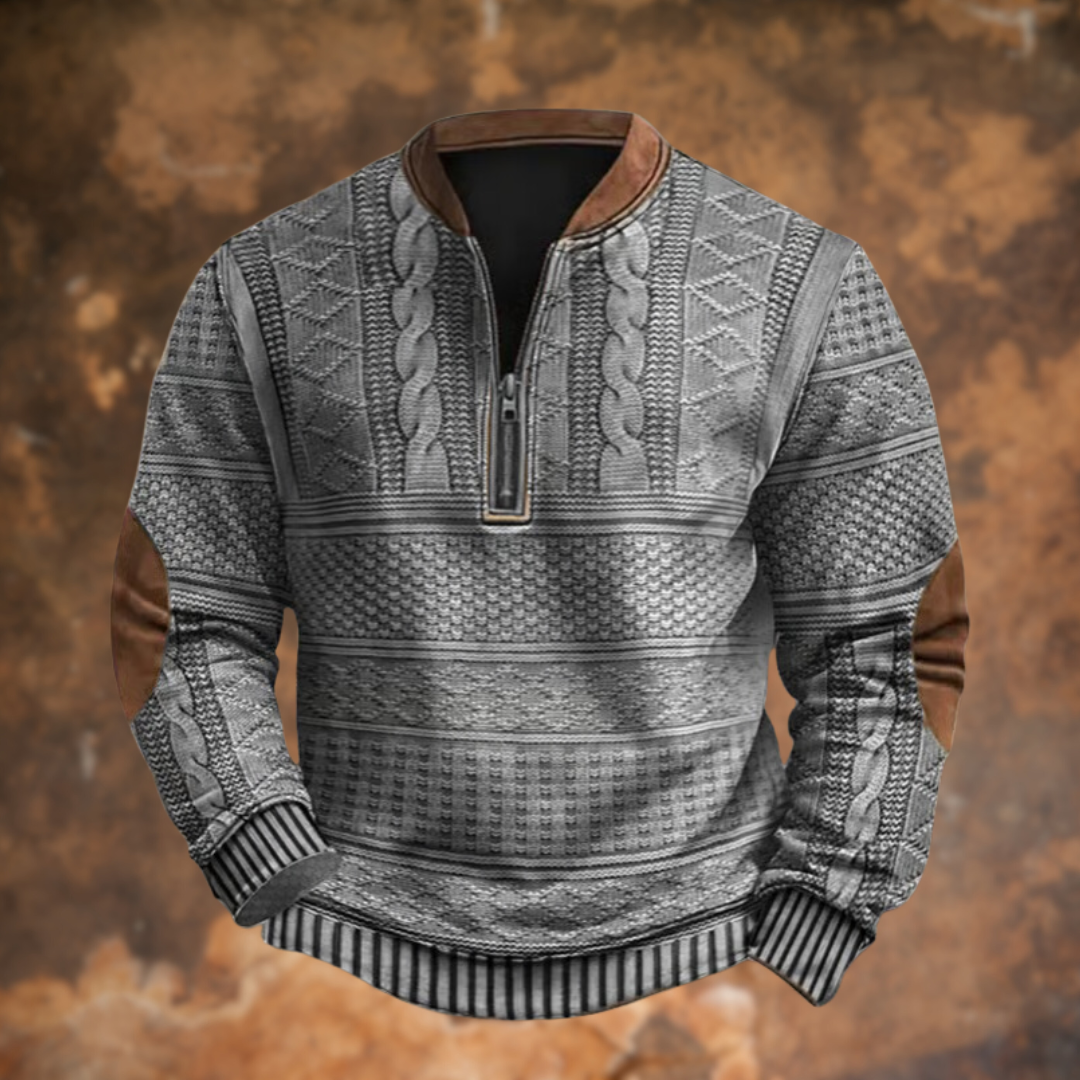 Cable-Knit Quarter-Zip Sweater with Suede Elbow Patches