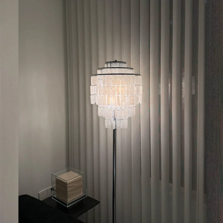 Capiz Shell Floor Lamp lit shade detail lifestyle