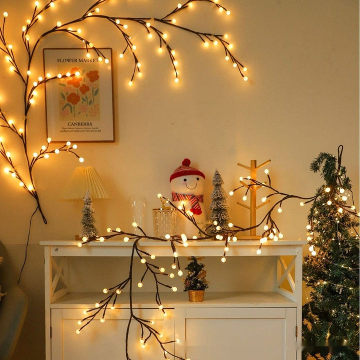 Rattan Vine String Lights lit indoor lifestyle