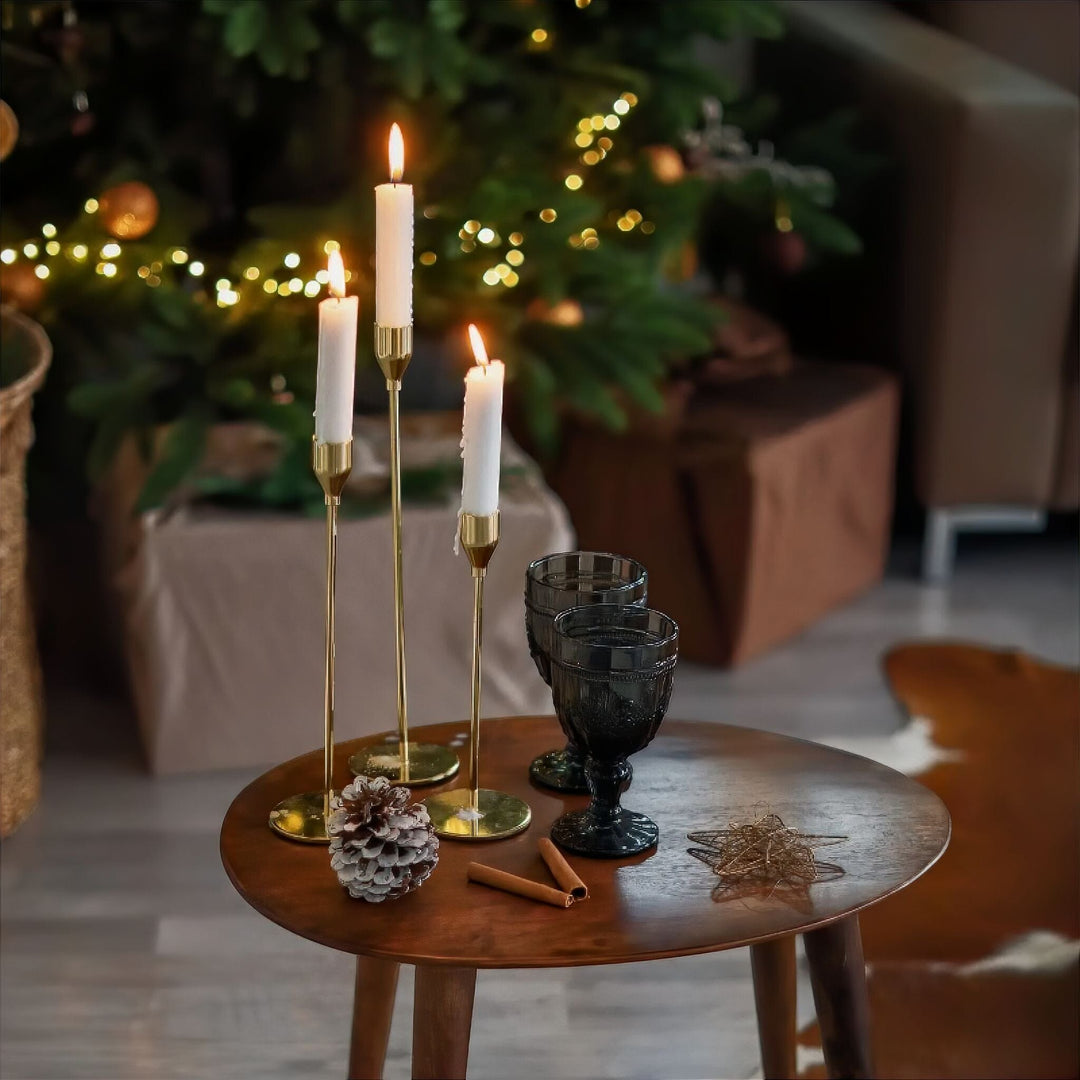 3-Piece Sculptural Metal Candle Holders on dining table lifestyle