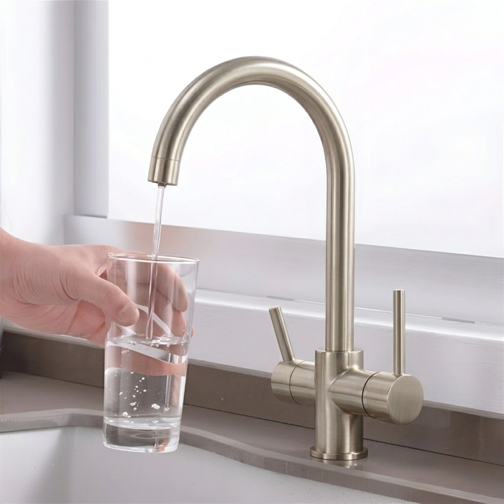 3-Way Filtered Brass Kitchen Faucet installed on countertop lifestyle