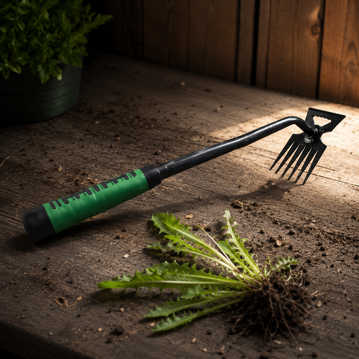 Foot-Pedal Weed Puller Tool with pulled weed and roots
