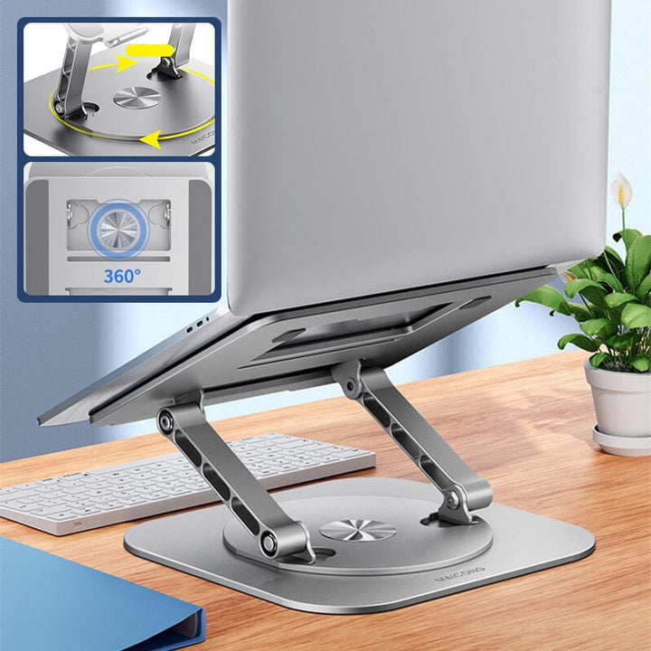 Silver 360° Rotating Laptop Stand holding laptop on desk
