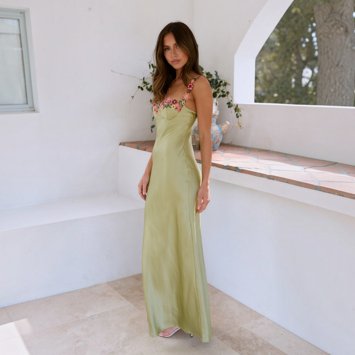 Strappy Maxi Dress with Embroidered Floral Bodice