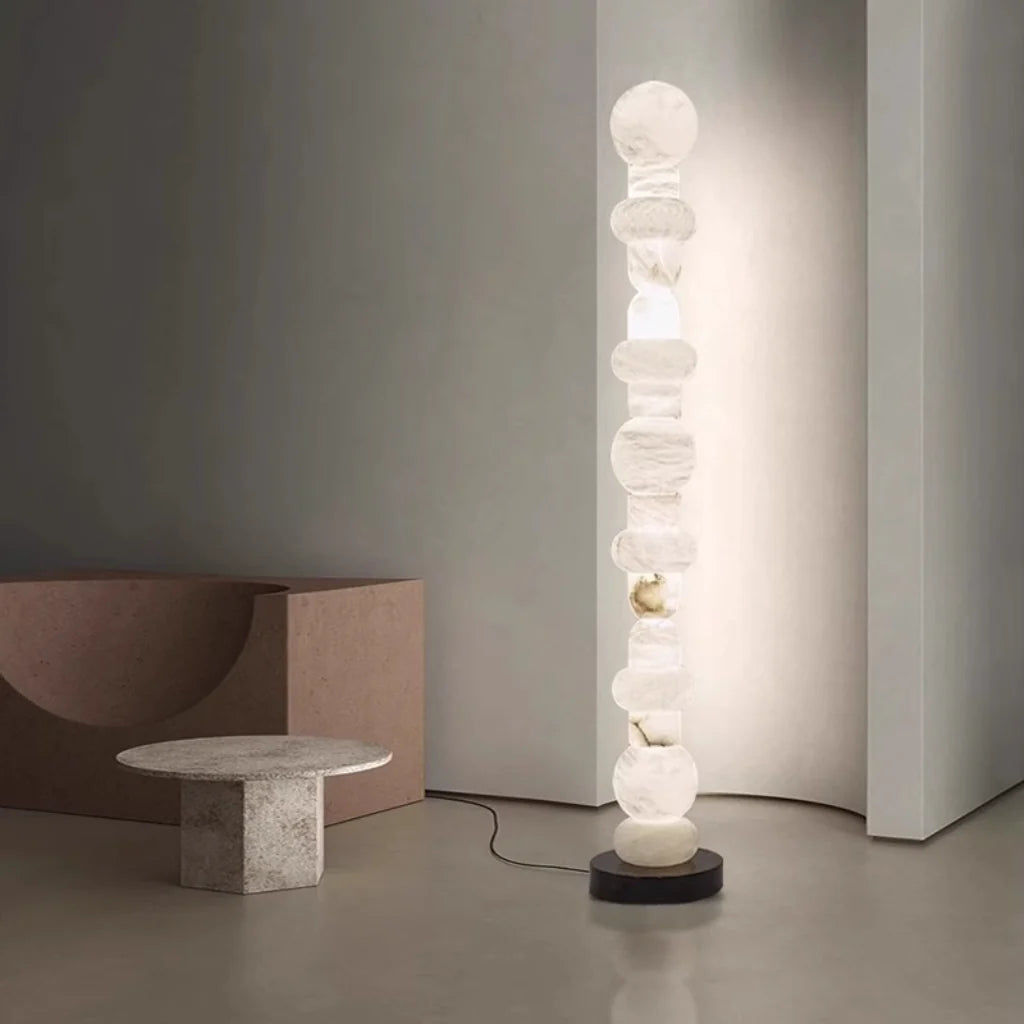 Stacked Marble Sculptural Floor Lamp lit lifestyle view