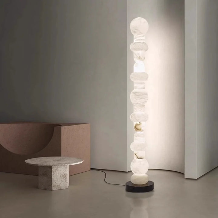 Stacked Marble Sculptural Floor Lamp lit lifestyle view