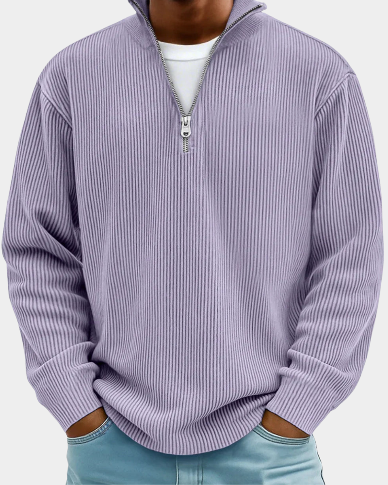 Purple Ribbed Half-Zip Knit Sweater front detail