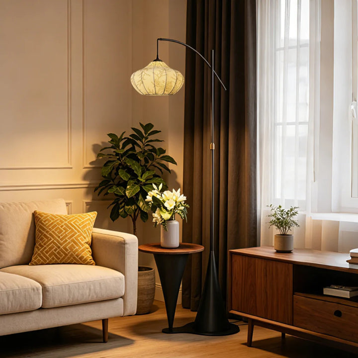 Artisan Wood Floor Lamp with fabric shade, full view