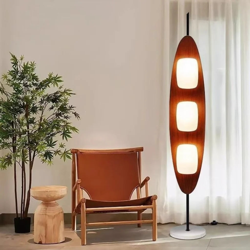 Walnut Yacht Silhouette Floor Lamp - close-up of sculptural walnut-tone base